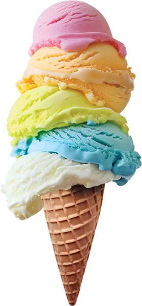 ice cream cone with four scoops of colorful ice cream